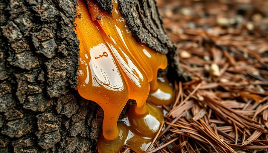 Pine resin on tree bark showing how to make pine pitch salve.