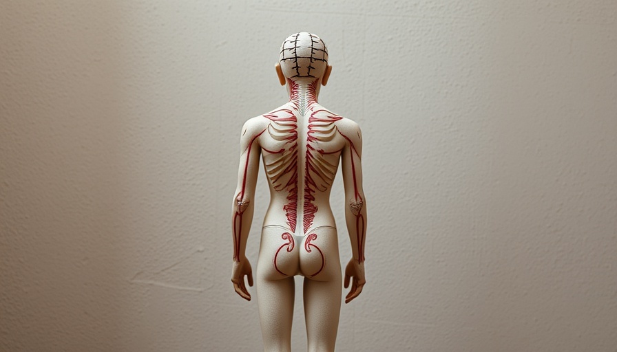 Acupuncture model highlighting meridian points for arthritis treatment.