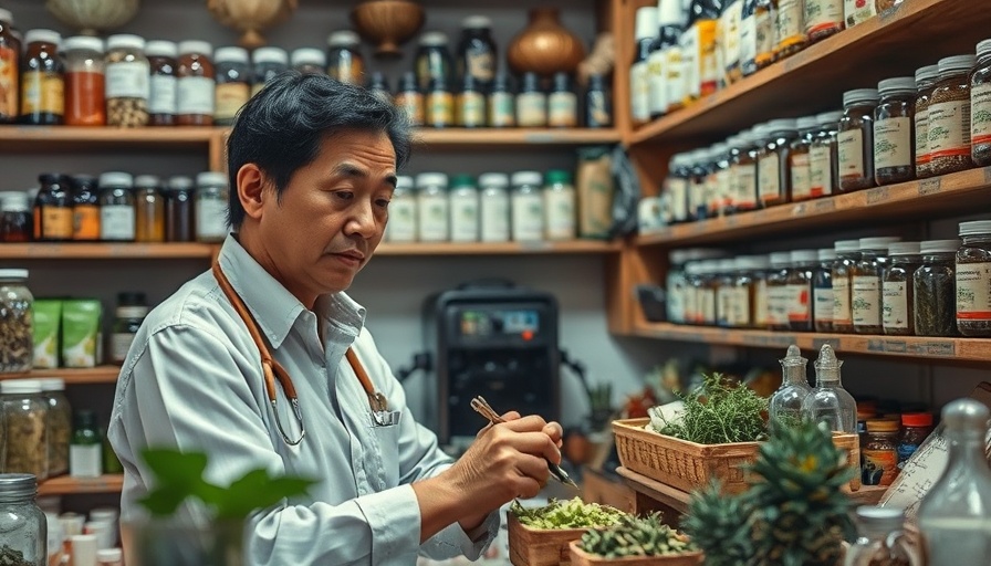 Herbalist preparing Chinese medicine for ulcerative colitis in traditional store.