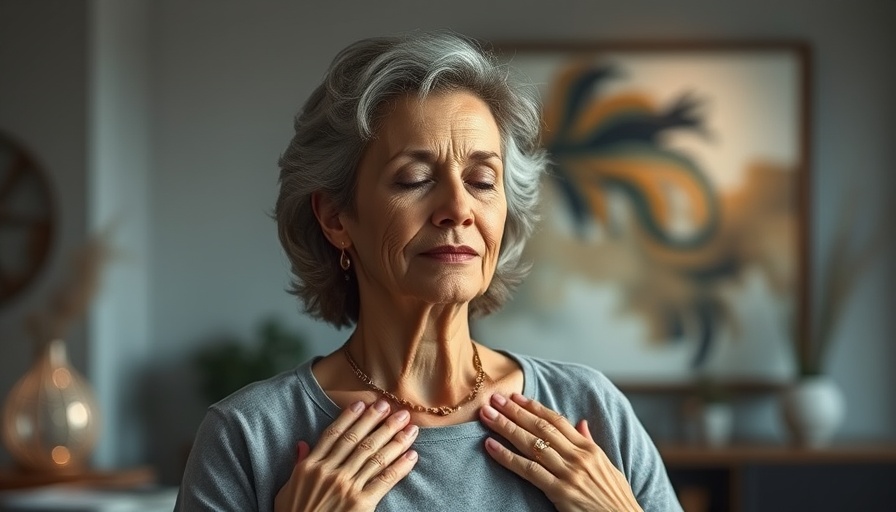 Woman demonstrating clearing shoulder chakras in a serene setting.