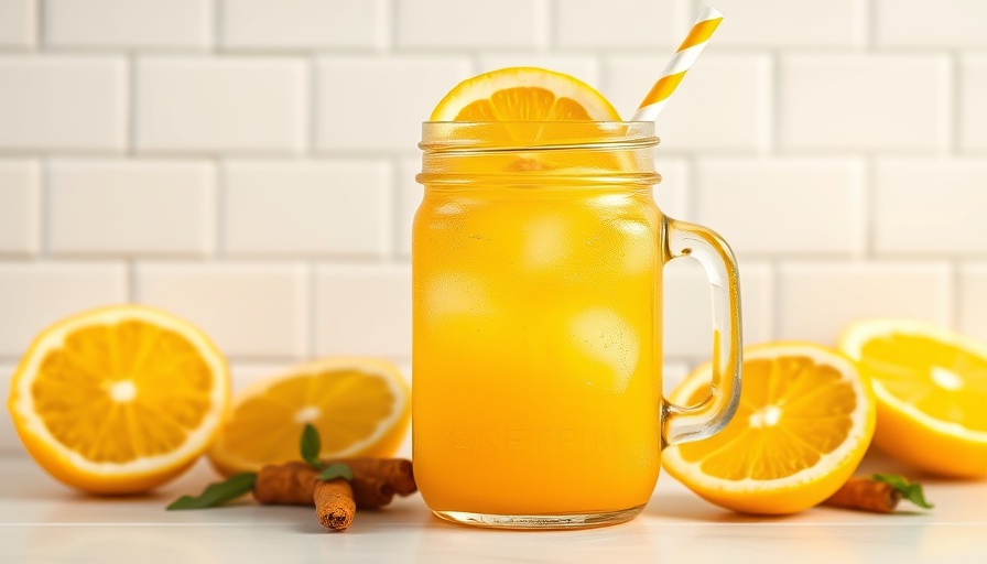 Vibrant iced turmeric lemonade in a clear jar with lemon.