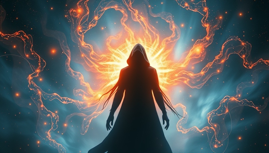 Mystical silhouette in energy healing aura with swirling lights