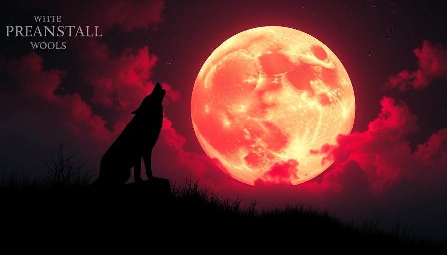 Strawberry full moon with wolf silhouette, mystical night scene