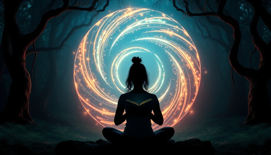 Silhouette meditating with book before energy portal in enchanted forest, suggesting reading habits for energy healing.