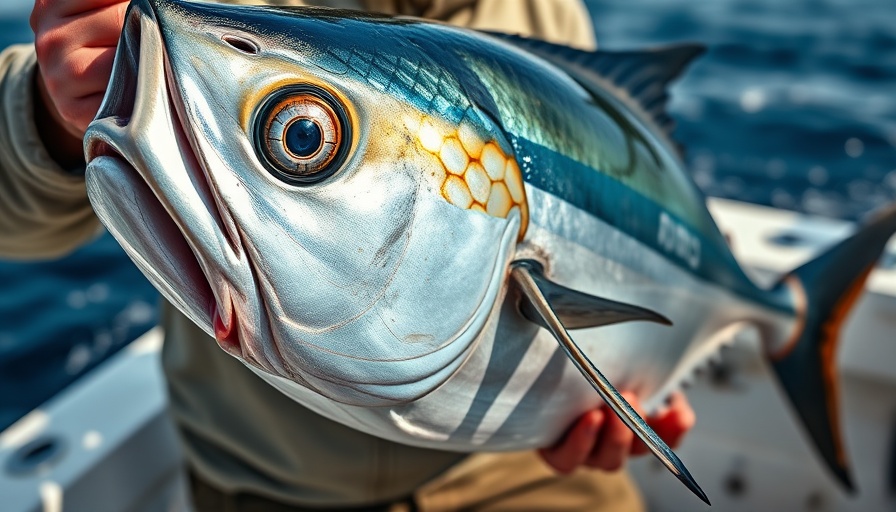 Fisherman displaying tuna fishing technique with a large catch.