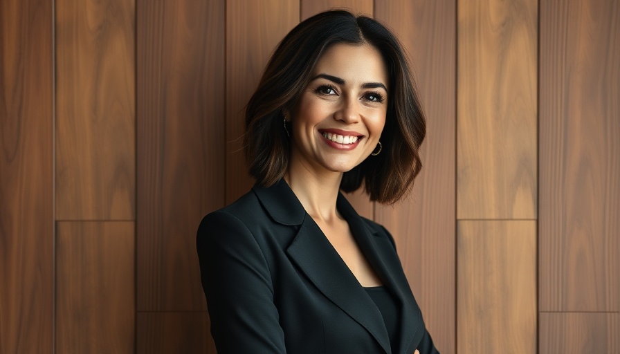 Smiling woman in black blazer at event, wooden backdrop.