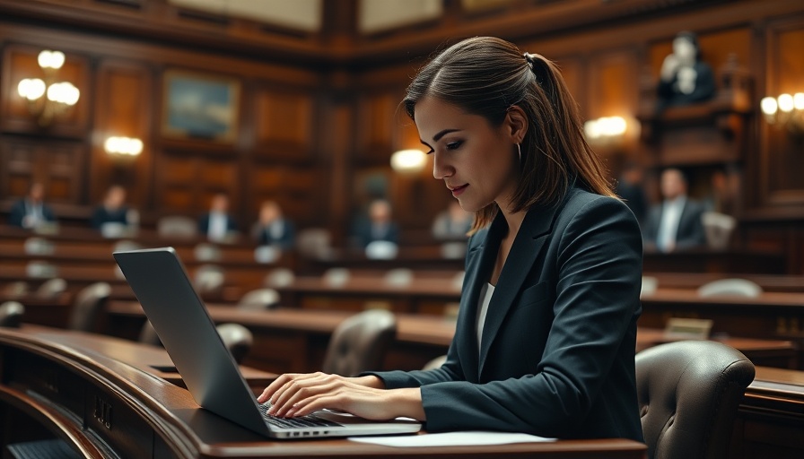 Focused businesswoman working in legislative chamber on California Central Valley politics.