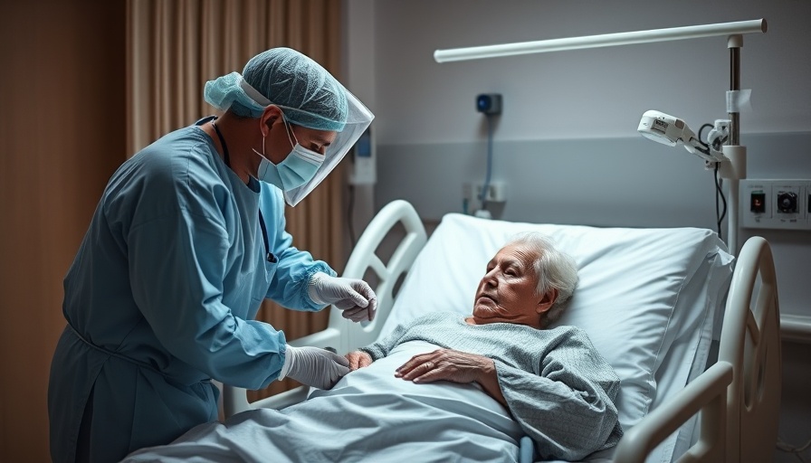 Healthcare professionals in protective gear assisting elderly patient.