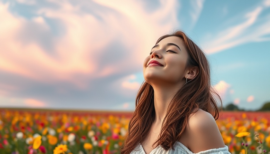 Serene woman enjoying sunlight among flowers to improve your health.
