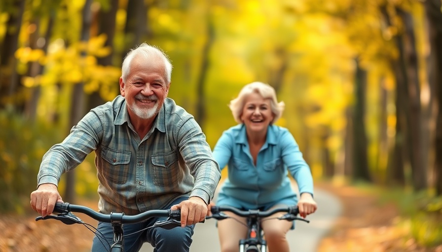 Happy seniors enjoying biking through nature, highlighting health benefits of riding a bicycle.