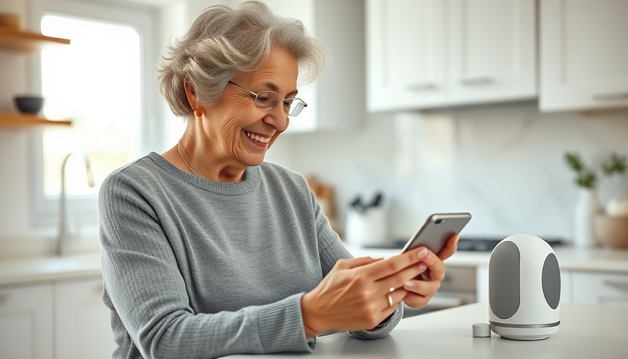 Elderly woman using smart home technology in a modern kitchen.