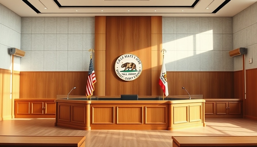 California courtroom highlighting backlog issues, featuring judge's bench and state seal.