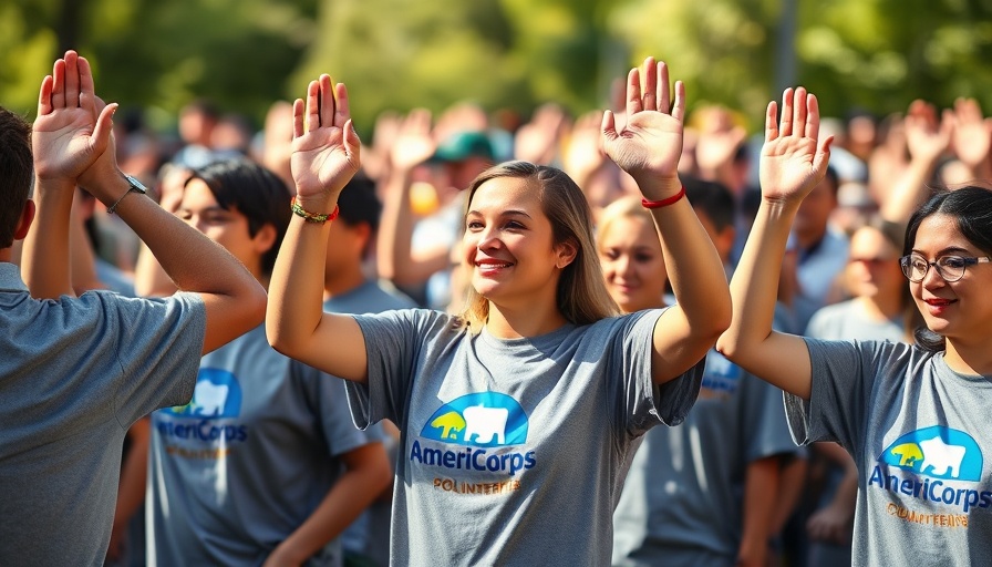 AmeriCorps members raising hands in ceremony, symbolizing service in California.