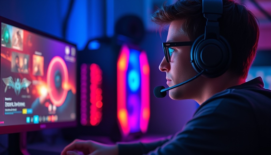 Gamer at a colorful PC setup intently playing a video game.