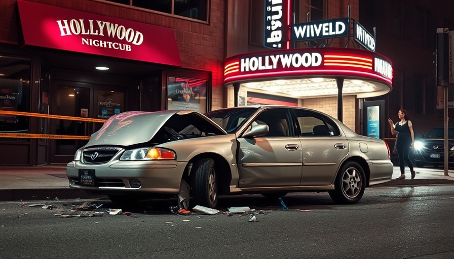 Damaged car in Hollywood nightclub crash scene at night.