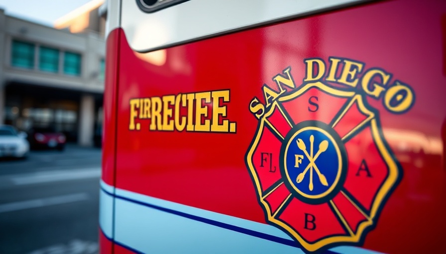 San Diego Fire-Rescue truck sign displaying emblem; San Diego local news.