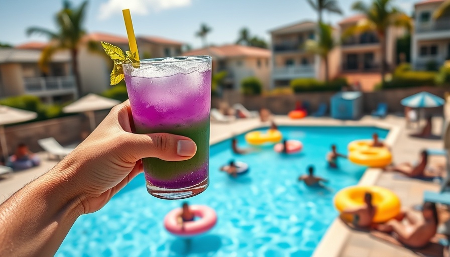Poolside relaxation scene with colorful inflatables and a drink.