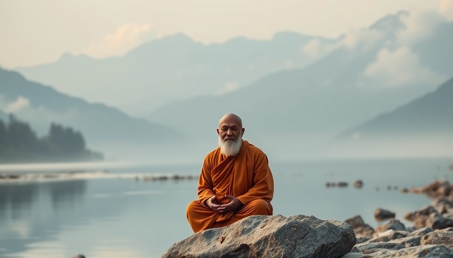 Monk practicing emptiness meditation technique by a river.
