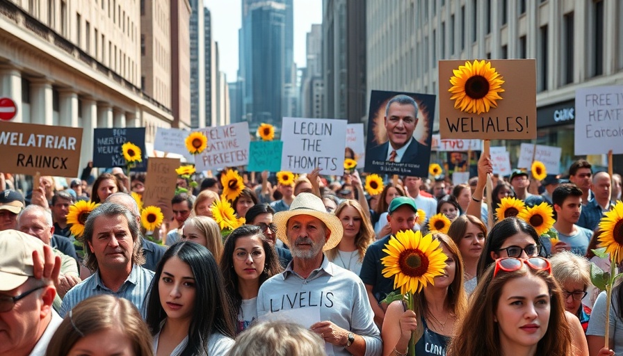 California protest crowd holding signs and sunflowers.