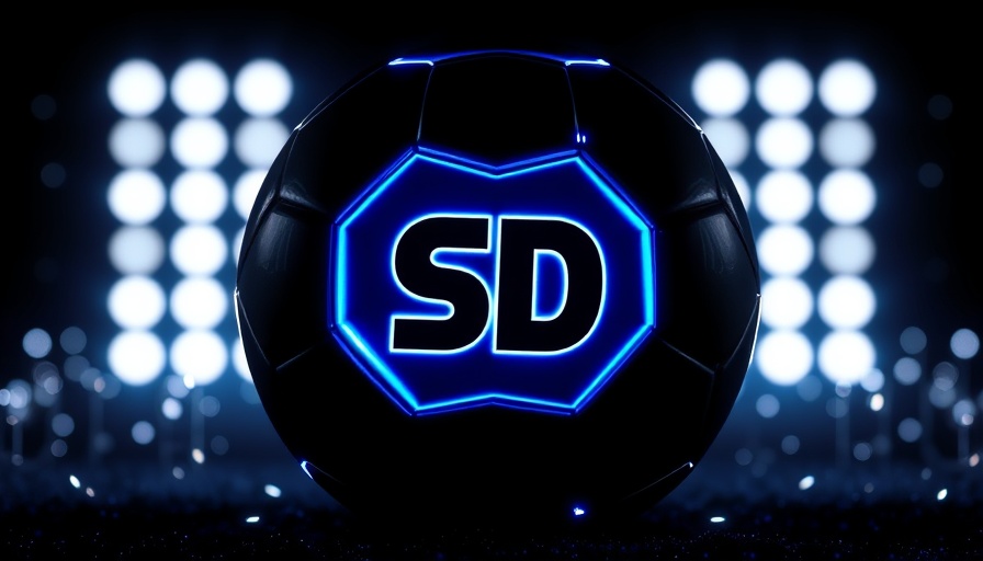 SD logo glowing on a soccer ball in a dark setting.