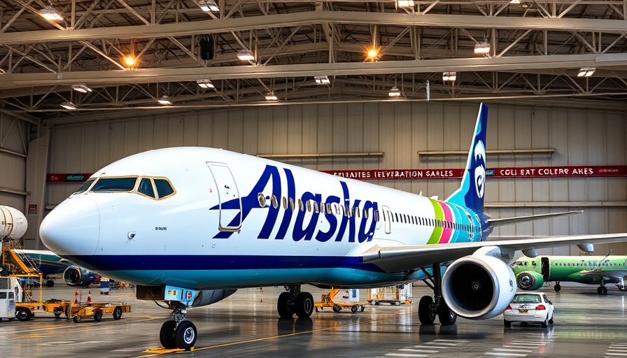 Alaska Airlines airplane in hangar during tech outage