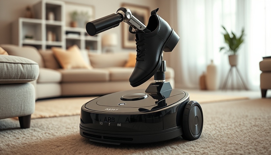 Innovative robot vacuum with mechanical arm in a cozy living room.