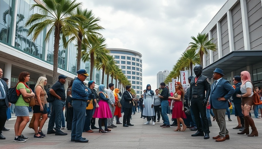 Group including cosplayers and officials by Comic-Con venue with transit signs.