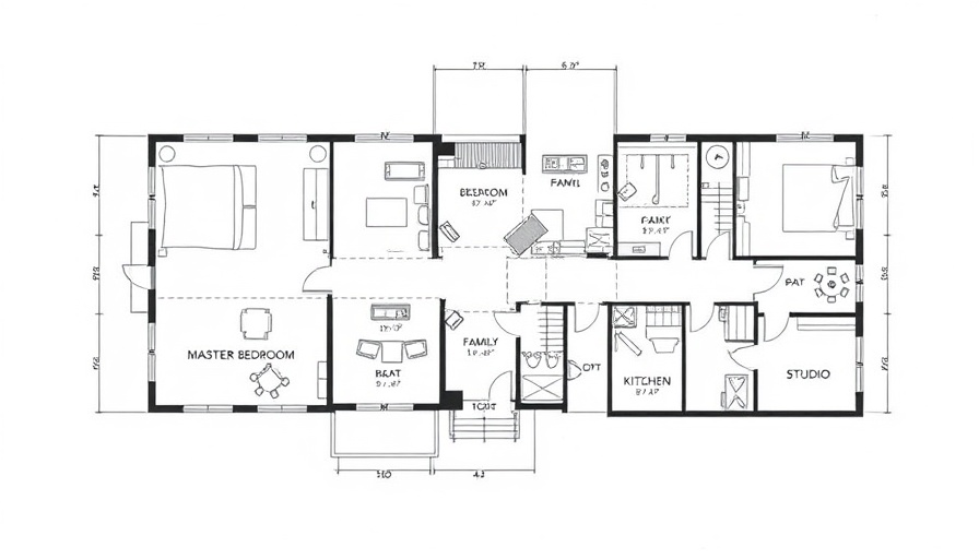 Modern home floor plan showcasing rooms like master bedroom and kitchen, detailed schematic.