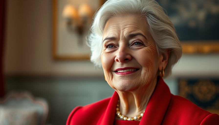 Elderly woman in red dress smiling indoors, San Jose local news today.