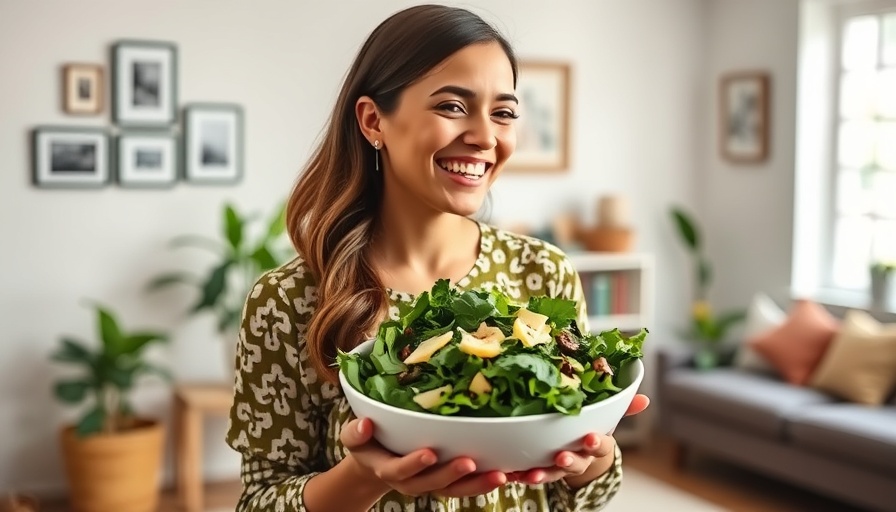 Woman holding True Food Tuscan Kale Salad recipe in a cozy living room.