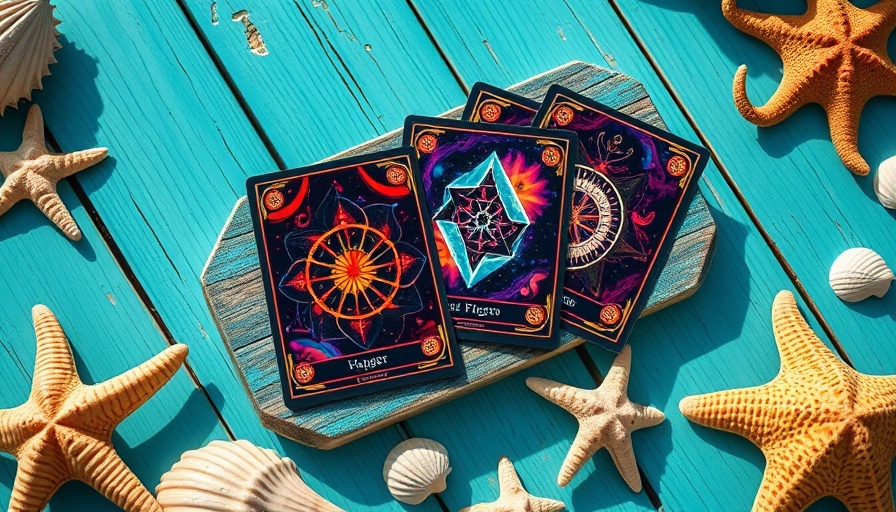 Oracle card reading setup with vibrant cards on a beach theme.