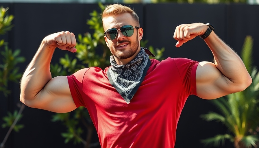 Muscular man flexing in red t-shirt with sunglasses and bandana.