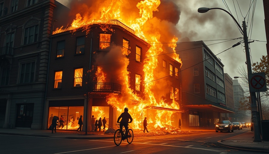 Eaton Fire damage with cyclist fleeing burning building.