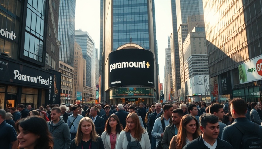 Paramount+ billboard in a bustling city scene, Paramount-Skydance merger context.