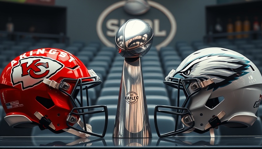 Super Bowl display with Chiefs and Eagles helmets and Lombardi Trophy, highlighting NFL ticket resale policy.