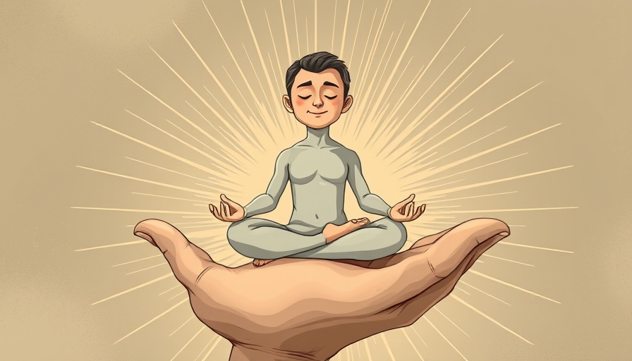 Serene meditating figure in hand, energy lines radiate