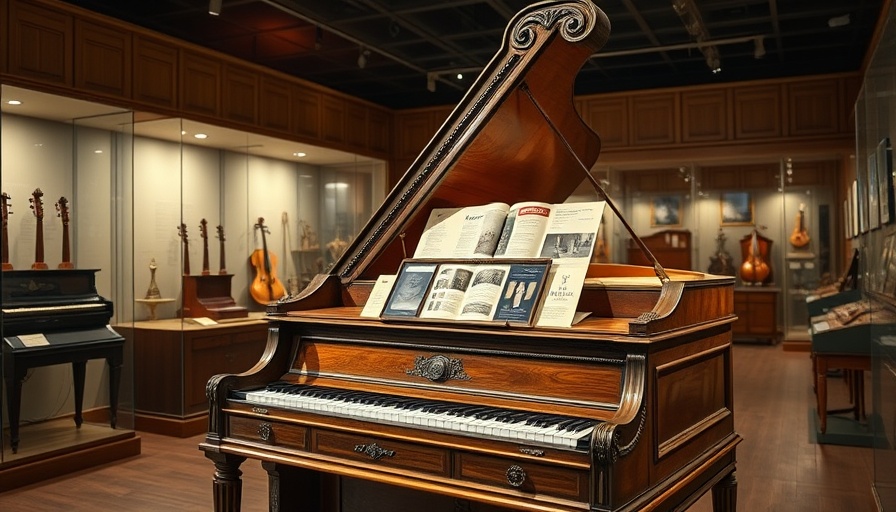 Antique harpsichord in museum displaying brochures, related to harpsichord musician well-being.