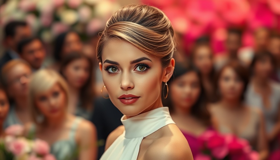 Elegant woman at an event with vibrant floral backdrop.