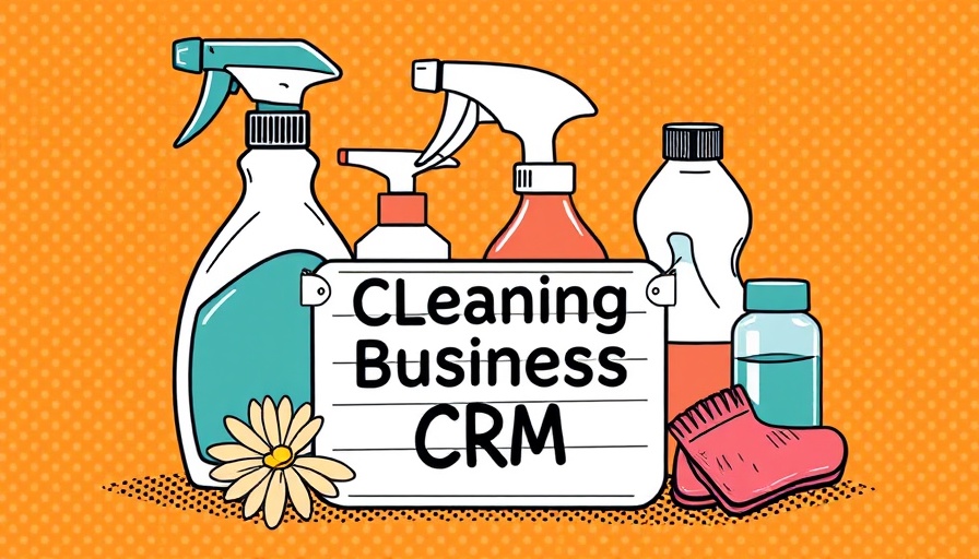 Retro illustration: Cleaning Business CRM with supplies, orange backdrop.