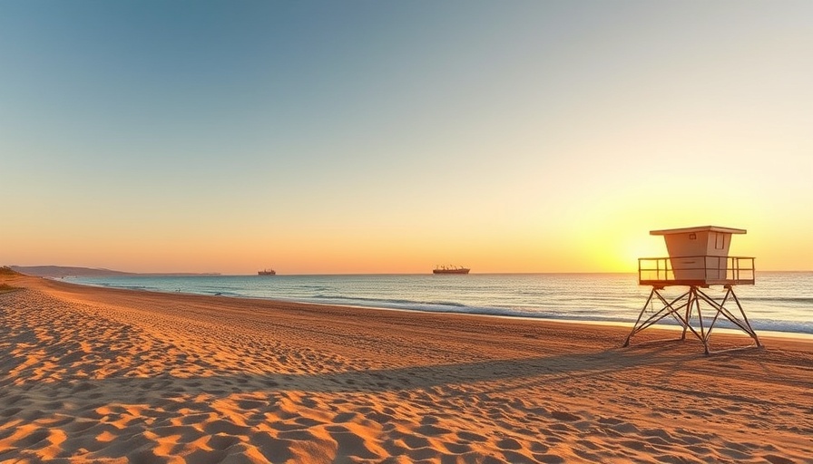 Serene California beach with sunset and ships, Tsunami Alerts California Coast.