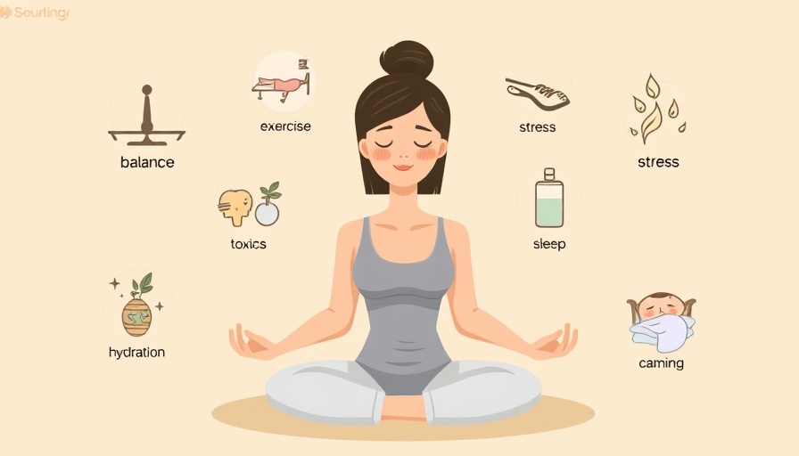 Illustration of woman meditating with health symbols, hormones and energy healing.