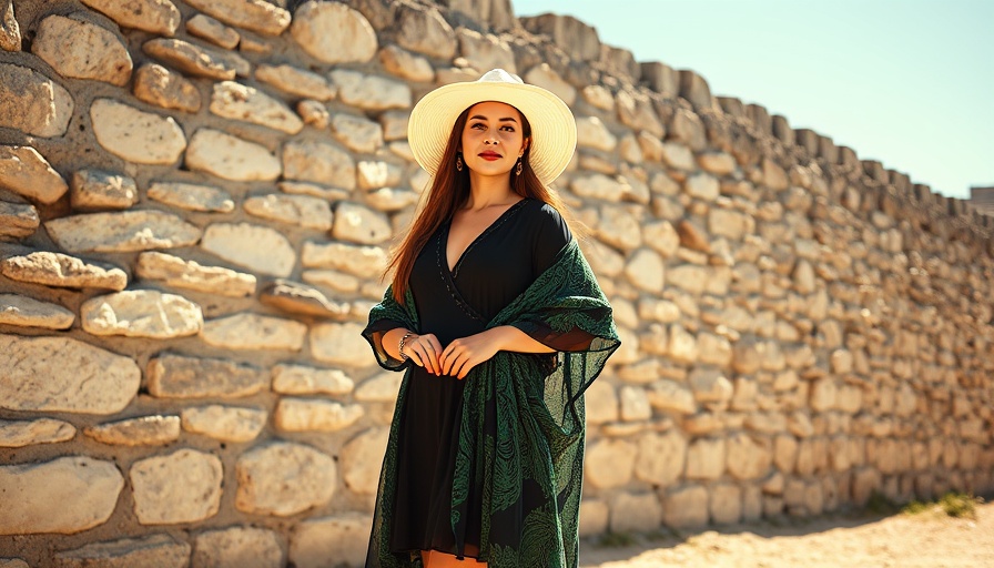 Stylish woman posing by ancient stones, energy healing concept.