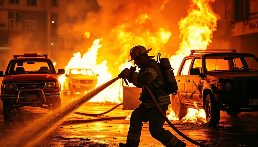 Firefighter extinguishes fire in urban blaze, intense flames.