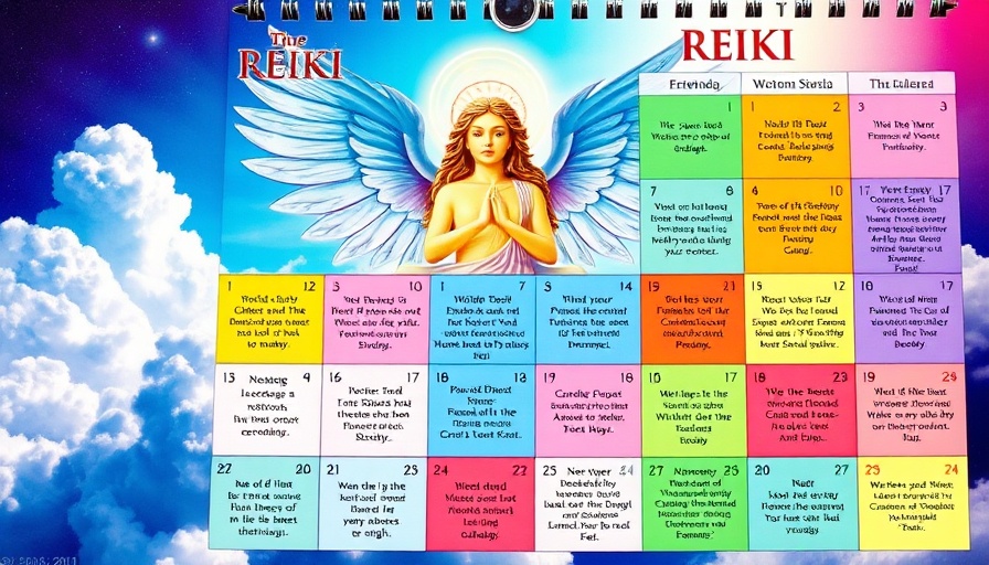 Reiki Calendar August 2025 with spiritual activities and angelic theme.