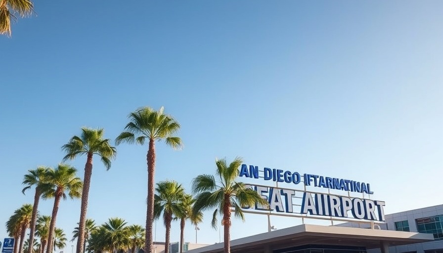 San Diego International Airport entrance sign under palm trees, sunny sky.
