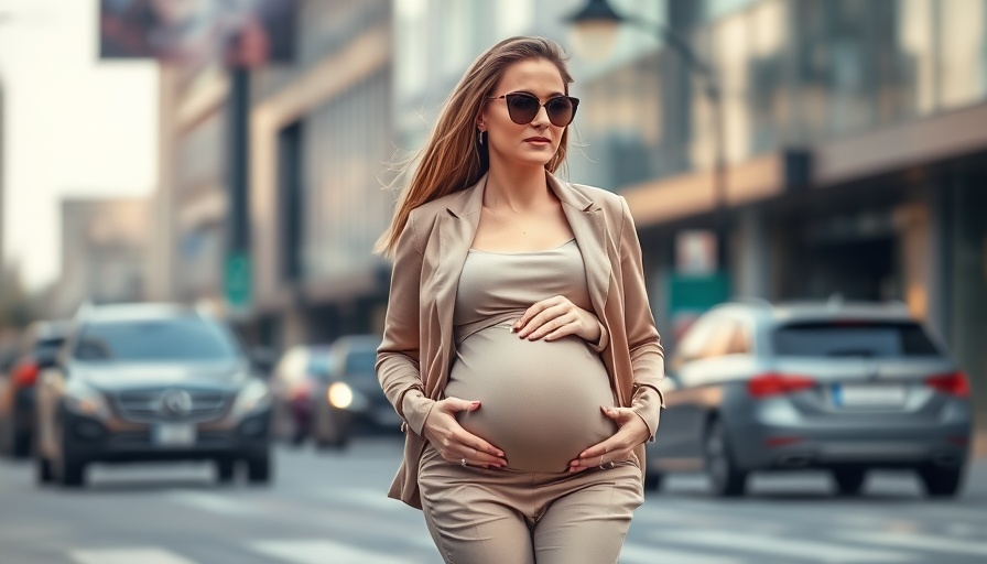 Pregnant woman in stylish beige outfit walking confidently in city.
