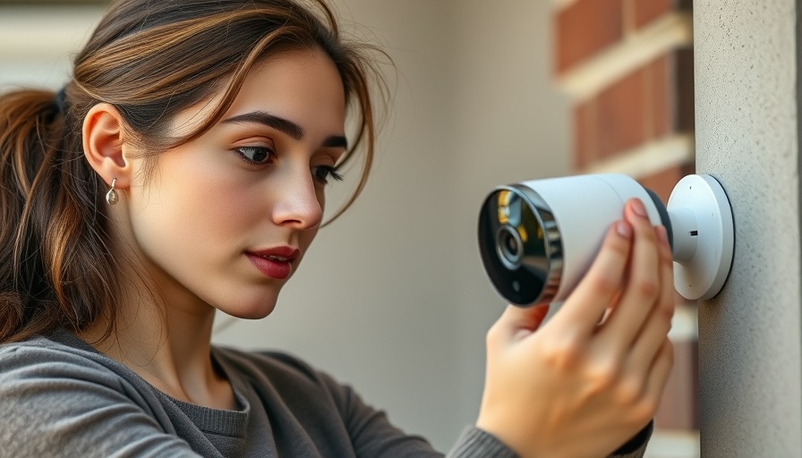 Woman installing smart home camera on wall, smart home technology.