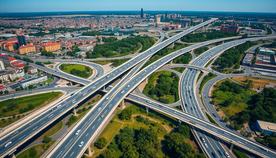 Aerial view of freeway and urban landscape, TxDOT NISD negotiations freeway project.