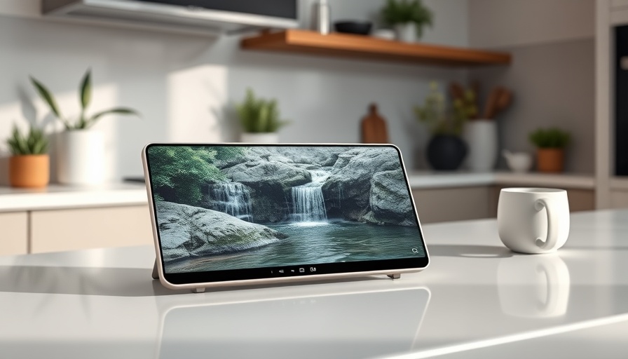 Smart home device on kitchen counter displaying waterfall. Amazon Ads for Alexa Plus.