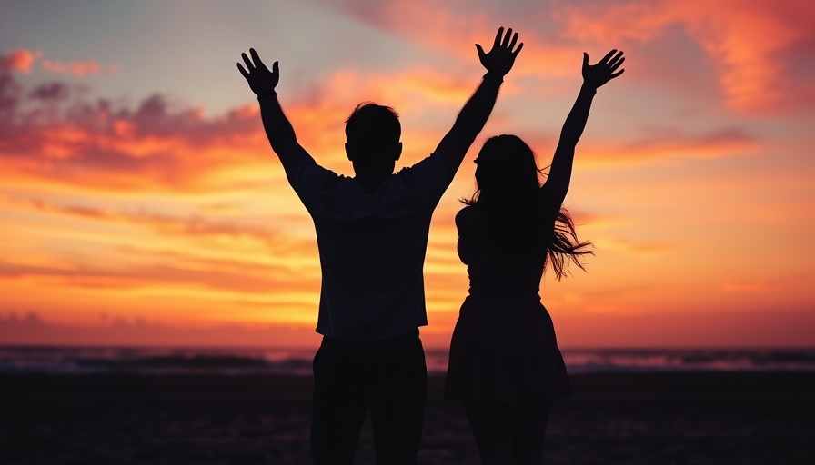 Silhouetted couple celebrating sunset on the beach.